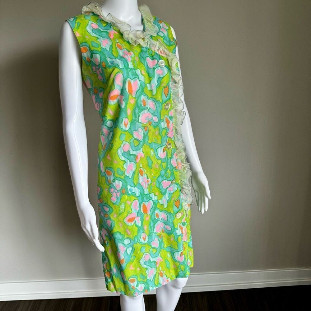 Sleeveless Green Floral-Print Midi Dress with Ruffle Trim